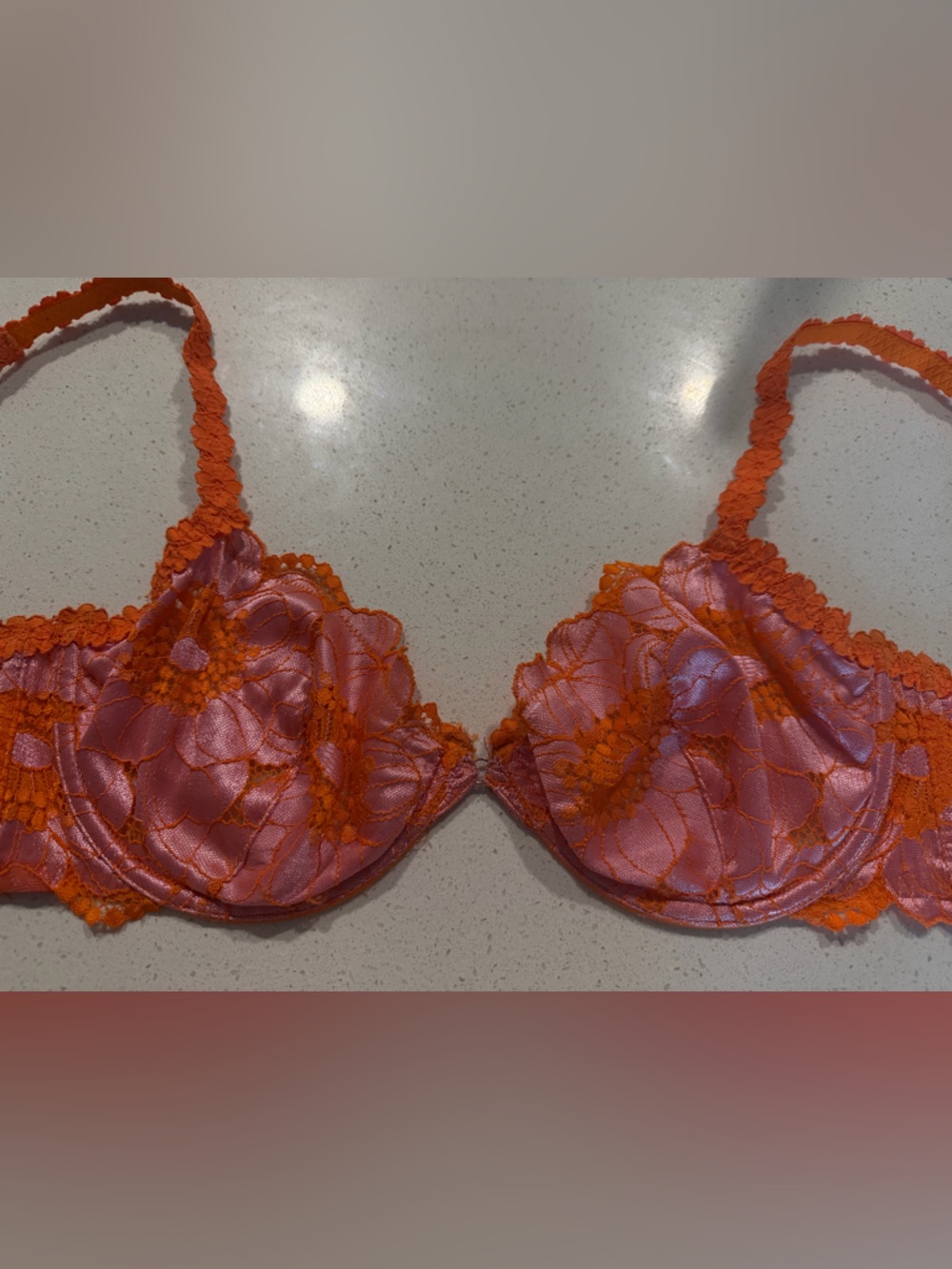 Savage X Fenty Pink Satin Bra with Orange Floral Lace